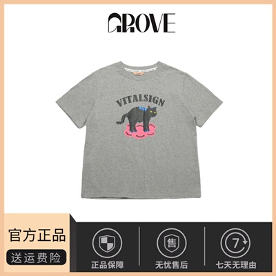 【现货】韩国小众vitalsign休闲v炸毛猫咪印花少女感纯棉黑猫T恤