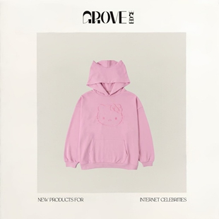 【现货】GROVE EDGE韩国小众可爱猫耳朵帽刺绣凯帝猫宽松连帽卫衣