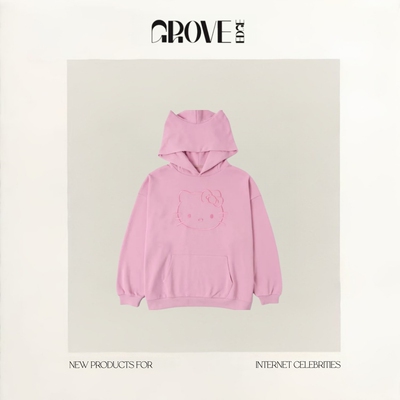 【现货】GROVE EDGE韩国小众可爱猫耳朵帽刺绣凯帝猫宽松连帽卫衣