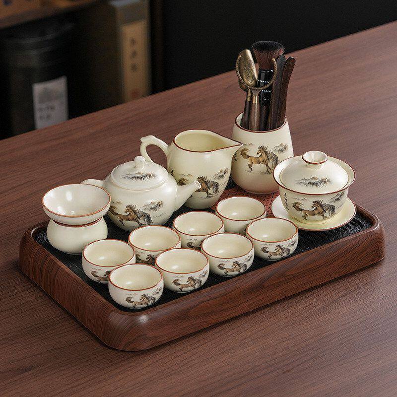 2026新款汝窑功夫茶具套装马到成功家用盖碗茶盘泡茶茶杯中式整套