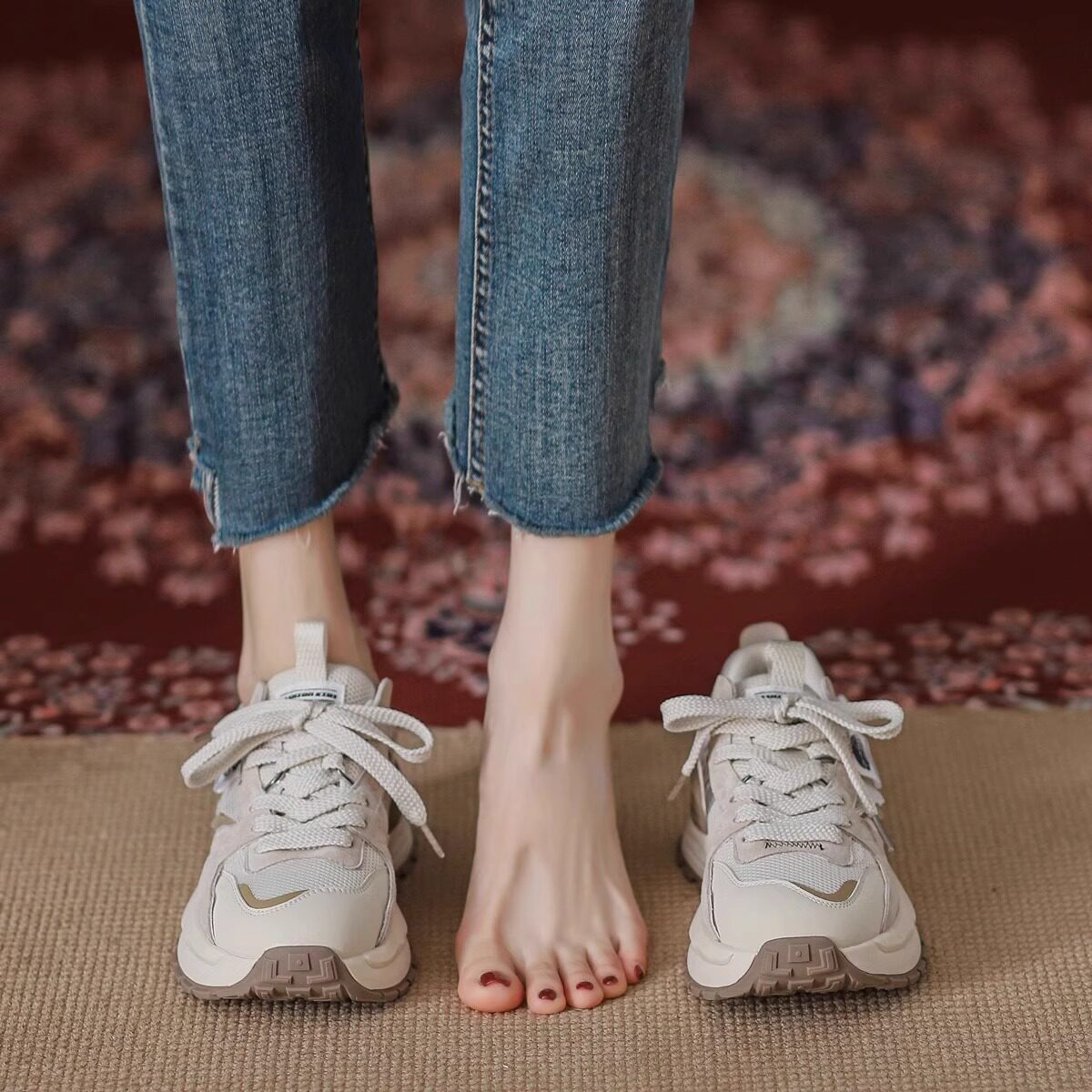 真皮厚底老爹鞋女秋季网面透气阿甘鞋平底网面拼色港风系带运动鞋,女鞋,老爹鞋,淘宝优惠券,粉丝福利购,淘宝优惠卷