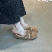 复古加绒勃肯鞋 圆头丑萌保暖小单鞋 平底豆豆鞋 牛皮版 女毛毛棉鞋