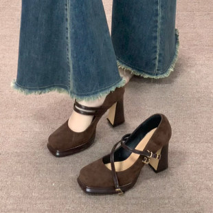 羊皮版~复古棕色日常百搭高跟鞋粗跟一字带方头小个子单鞋玛丽珍