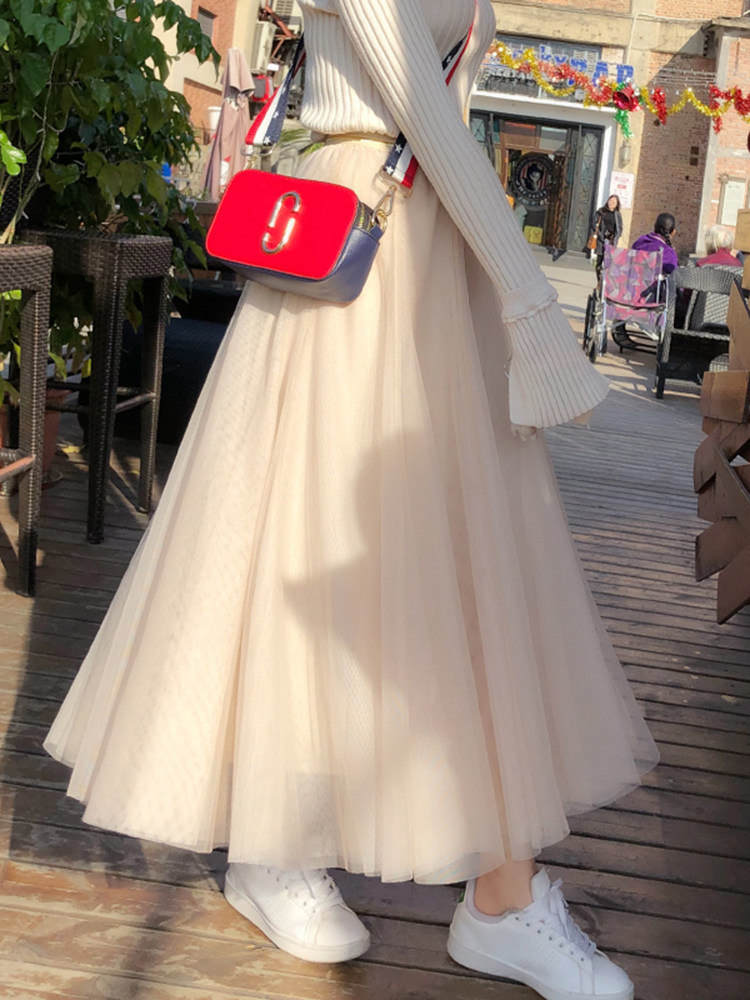 2022秋季白色纱裙女半身裙女秋冬网纱百褶长裙中长款小个子裙子女