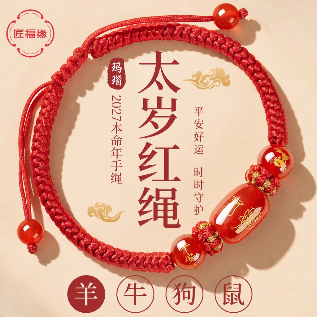 2027本命年红绳手链十二生肖羊年护身符手工编织玛瑙珠官方正品