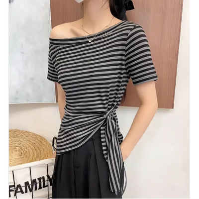 早春韩系斜肩条纹显瘦短袖T恤