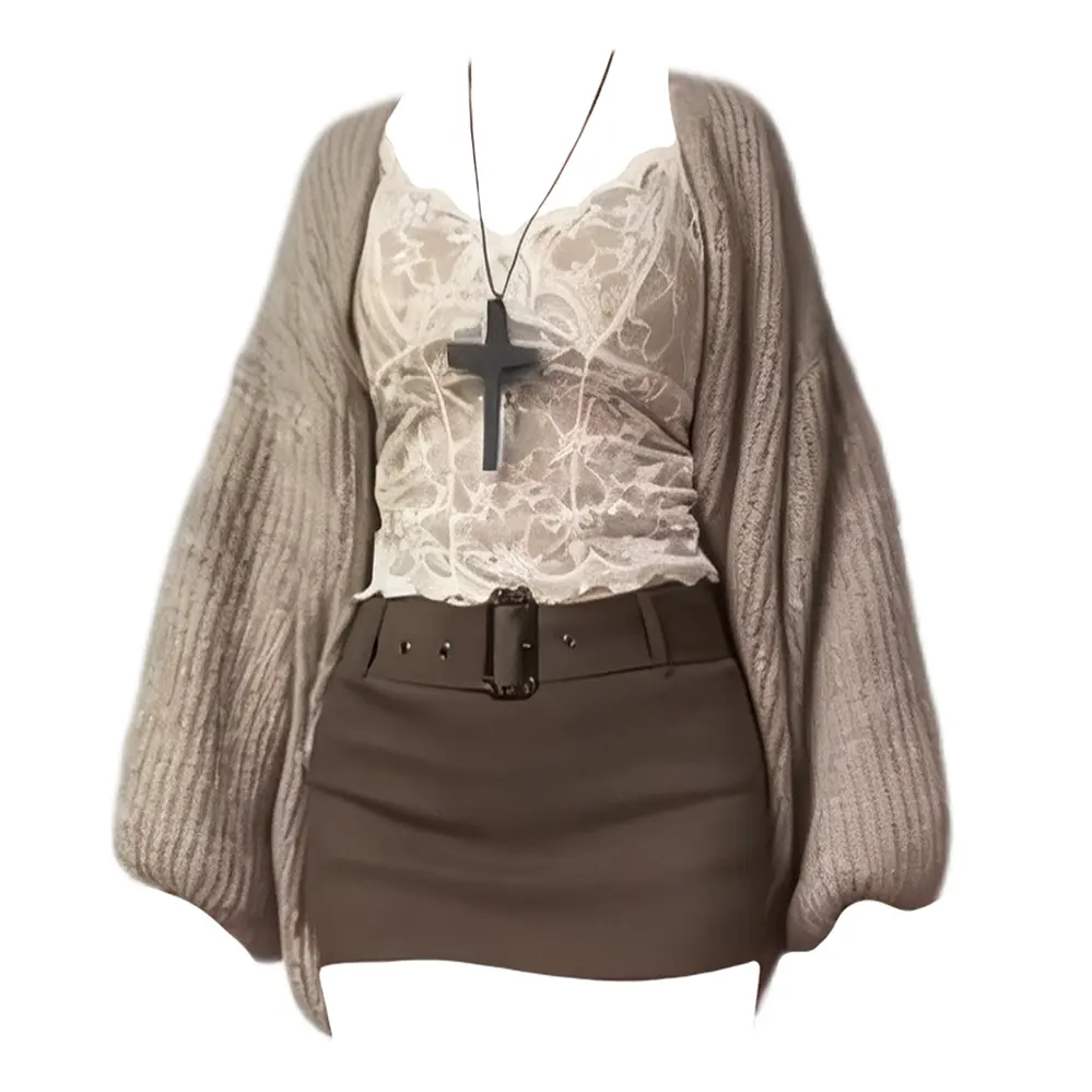 大码胖mm纯欲复古春款氛围感穿搭叠穿蕾丝吊带毛衣外套半身裙套装