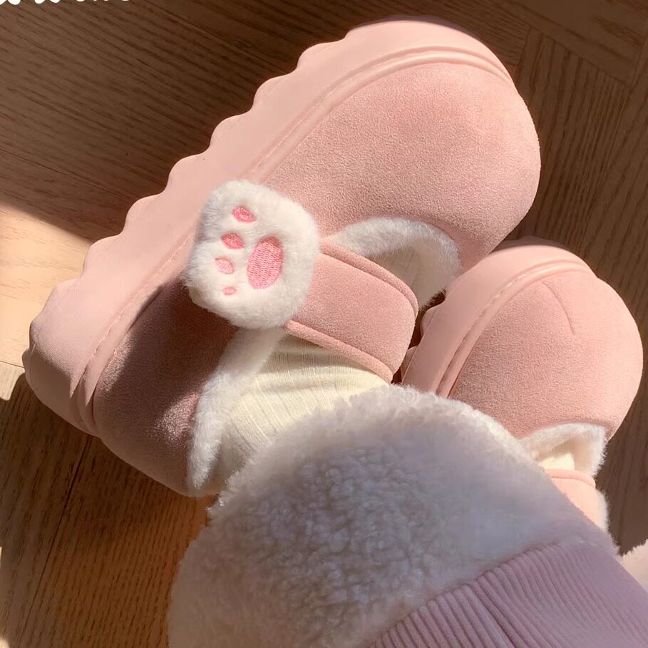 可爱猫爪魔术贴棉鞋冬加绒厚底单鞋少女心保暖圆头豆豆鞋
