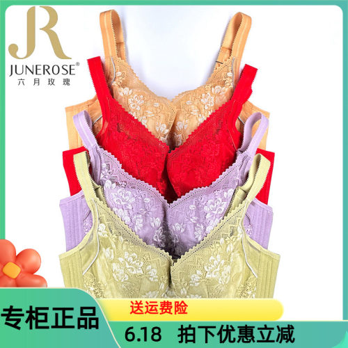 六月玫瑰文胸薄杯CDE全罩杯大胸显小防下垂收副乳调整型内衣6366