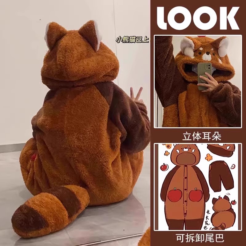 日本进口长款连体小浣熊冬天珊瑚绒加厚加绒睡衣女款睡袍秋家居服