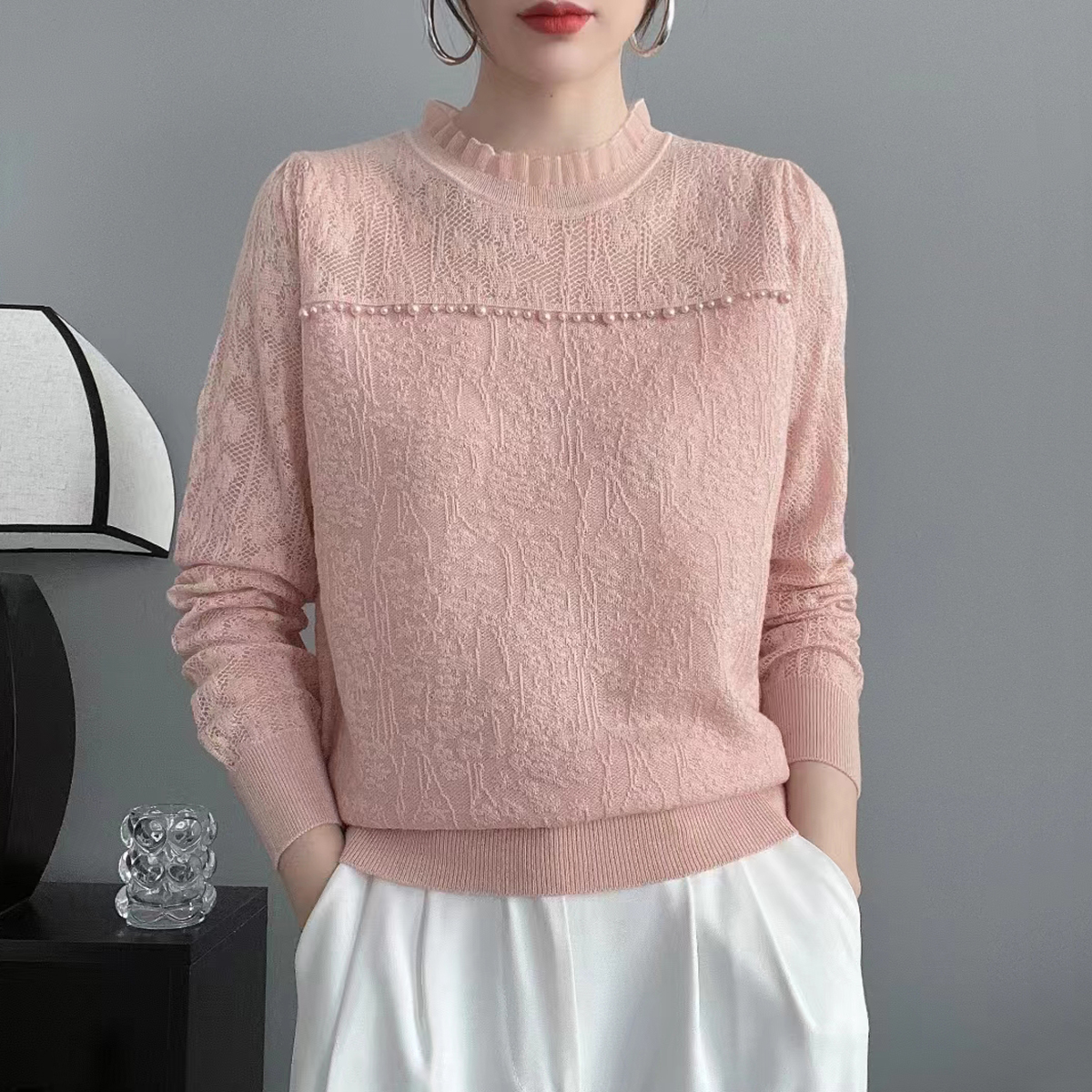 长袖钉珠蕾丝打底衫女春秋季内搭