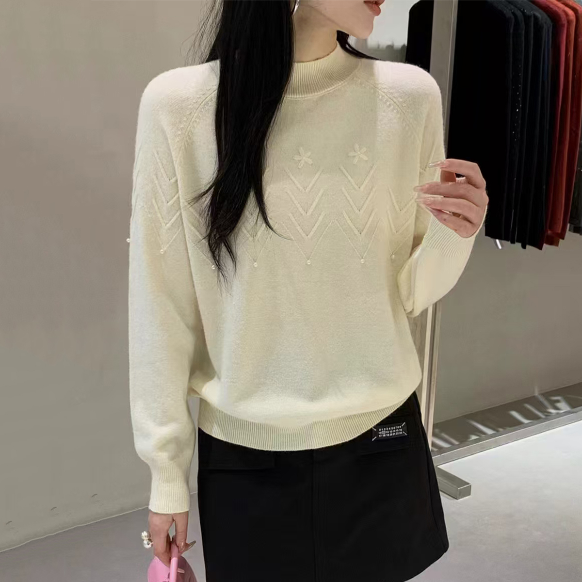 钉珠打底毛衣女秋冬季半高领宽松