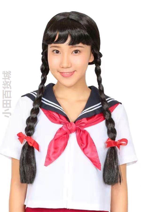 表演假发古装双辫子发套马尾麻花辫头套红绳款双辫子假发复古发套