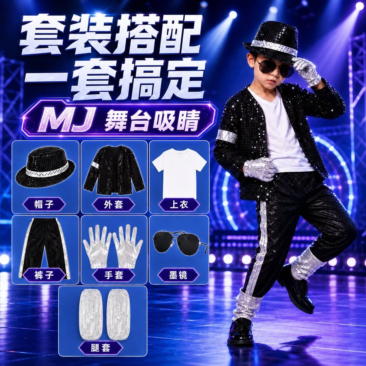 迈克杰克逊演出服模仿装舞台亮片儿童男女款MJ表演服全套装万圣节