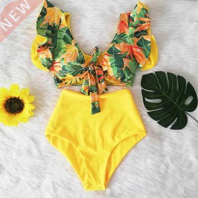 Floral Ruffled Hem Bikini Set Women Flora V-Neck High-Waiste