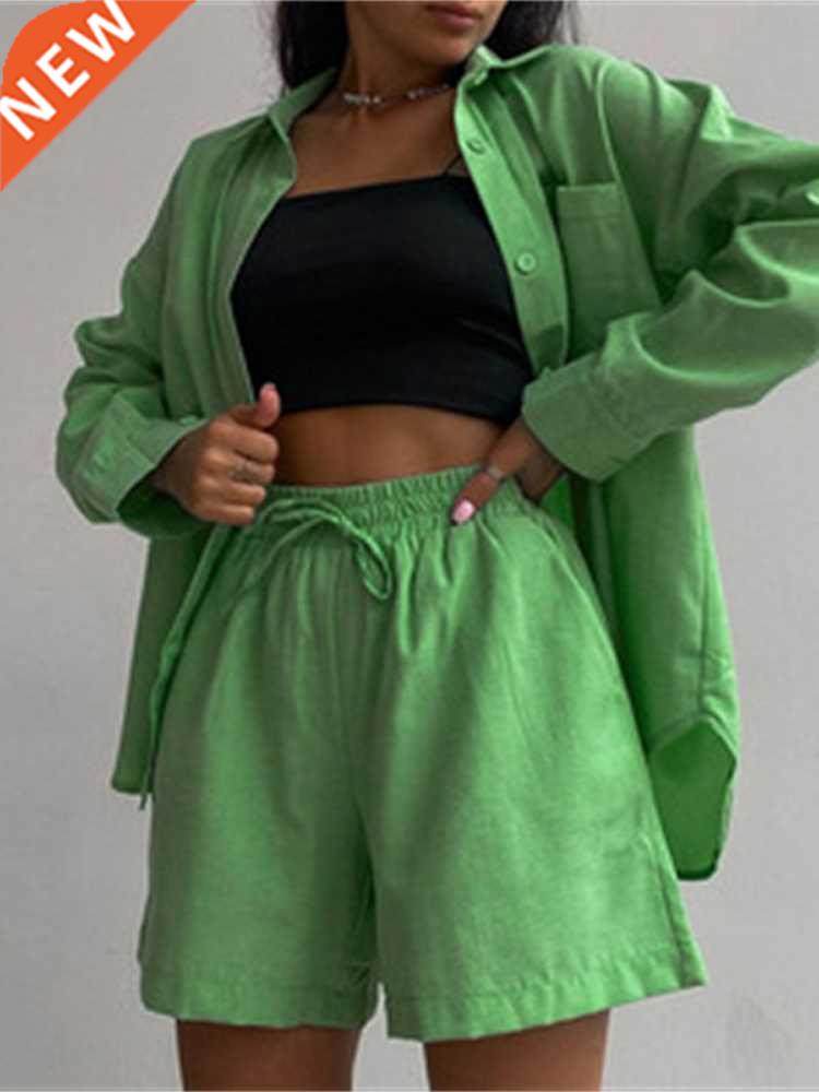 Oversized Women Tracksuit Shirt Shorts Two Piece Set Solid L