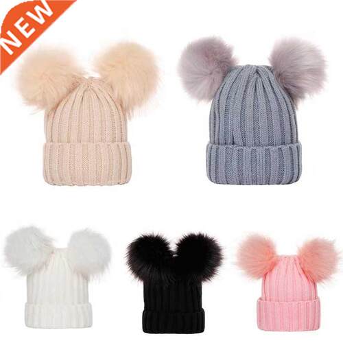 Fashion Double Hairball Solid Color Baby Pompom Cap Keep War