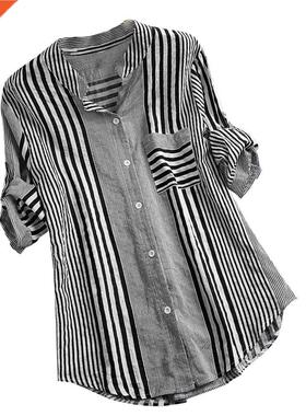 Striped Print 4xl Plus Size Shirts Tunic Tops Three Quarter