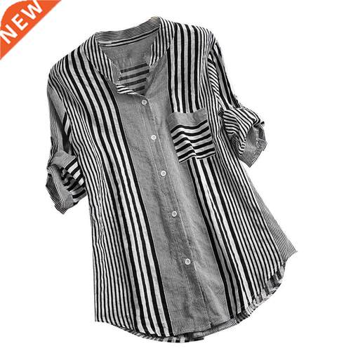 Striped Print 4xl Plus Size Shirts Tunic Tops Three Quarter