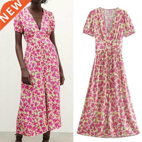 TRAF Za 2021 Floral Long Dress Women Pink Midi Summer Dress
