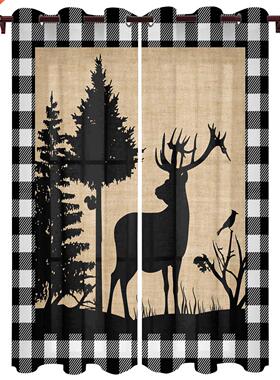 Christmas Elk Black And White Plaid Window Curtains for