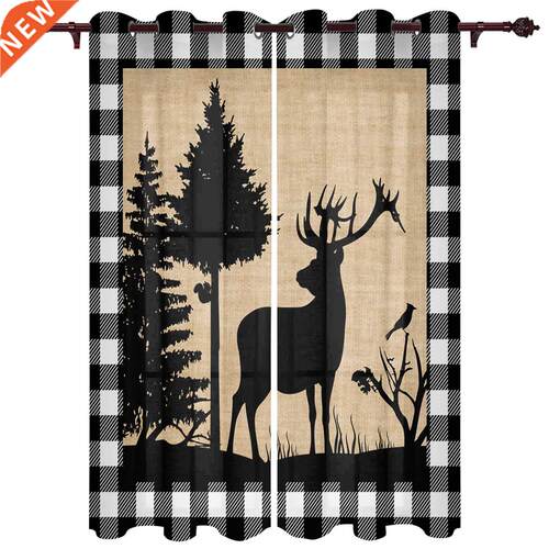 Christmas Elk Black And White Plaid Window Curtains for