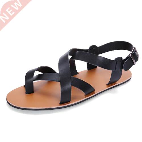 New Summer Men Sandals Leather Vintage Flat Heel Solid Buckl