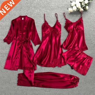 Pajama Set Women Lace Trim Satin Sleepwear Pyjamas Pour Femm