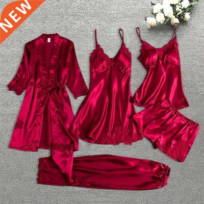 Pajama Set Women Lace Trim Satin Sleepwear Pyjamas Pour Femm