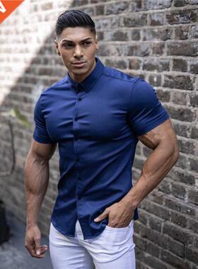 Men Fashion Casual Short Sleeve Solid Shirt Super Slim Fit M