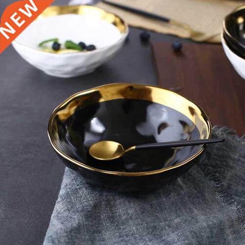 Round White Black Ceramic Salad Bowl Gold Japanese Style