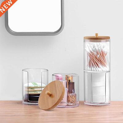 Bamboo Makeup Cotton Swabs Organizer Box Transparent Cosmeti