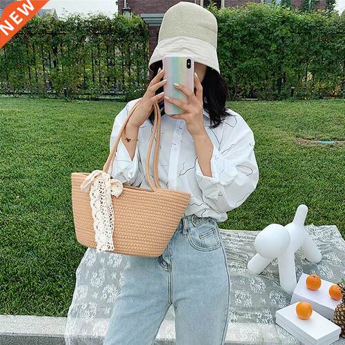 Women Summer Beach Straw Bag Hand-Woven Rattan Tote Purse