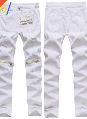 Red white ripped jeans pencil stretch pants men's trousers男