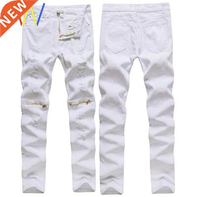 Red white ripped jeans pencil stretch pants men's trousers男
