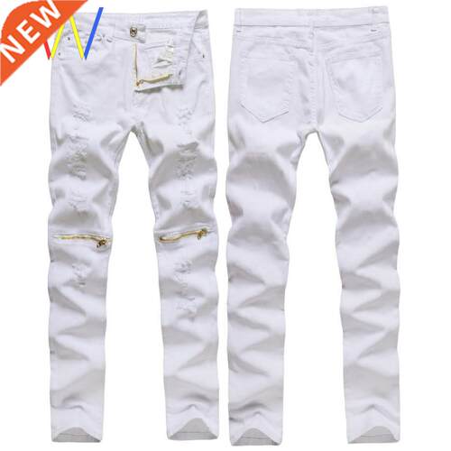 Red white ripped jeans pencil stretch pants men's trousers男