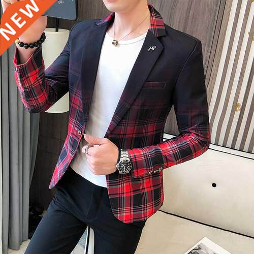 Men Blazer 2021 Spring New Colorblock Plaid Blazer Men Slim