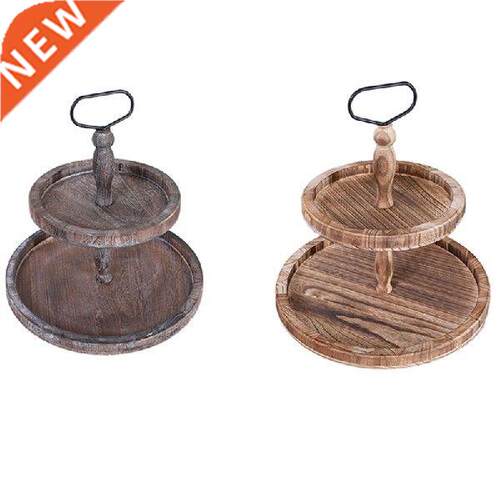 Vintage Wood Two Tiered Tray with Round Metal Handle,Easy