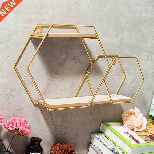 Iron Metal Wall Shelf Hexagon Geometric Gold Storage Rack H