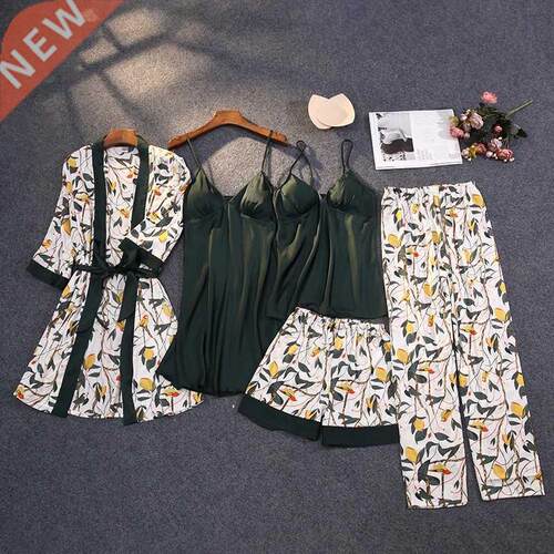 Print Pajamas Set Silky Women 5 Piece Sleepwear Satin Lace S