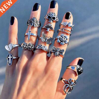 Vintage Gothic Skull Flower Angel Rings for Women Hip Hop Si