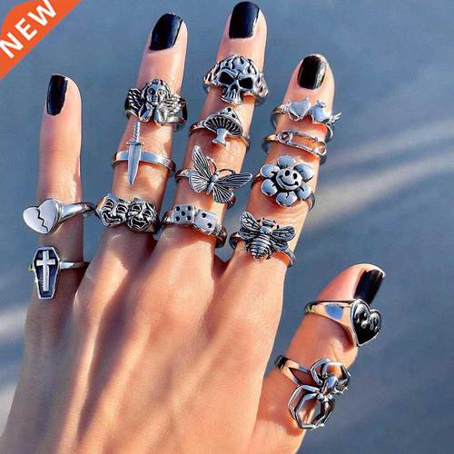 Vintage Gothic Skull Flower Angel Rings for Women Hip Hop Si