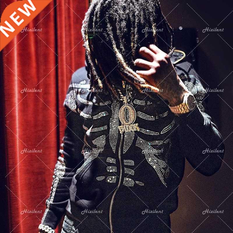 Zip Hoodie Rhinestone skeleton goth Sweatshirt Sport Coat Pu