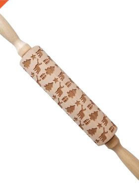 Wood Embossing Pizza Roll Pin Fondant Dough Deer Pattern Eng