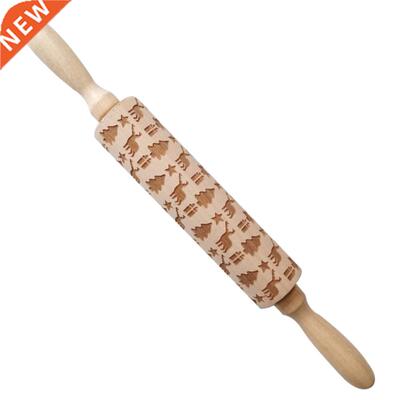Wood Embossing Pizza Roll Pin Fondant Dough Deer Pattern Eng