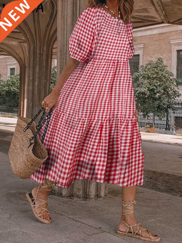 VONDA Bohemian Summer Dress 2022 Women Short Sleeve Vintage图片