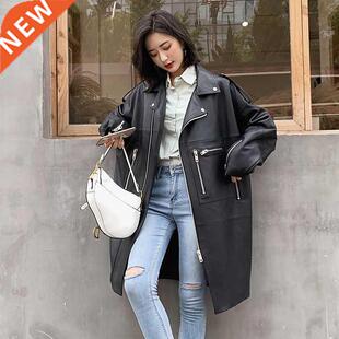 Womens Black Long Biker Leather Autumn Nerazzurri Oversized