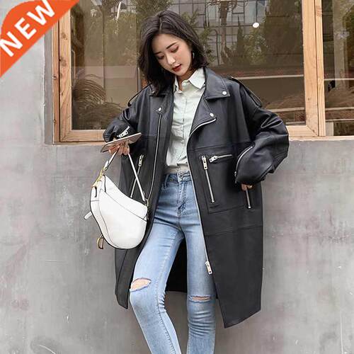 Nerazzurri Autumn Oversized Black Long Womens Leather Biker