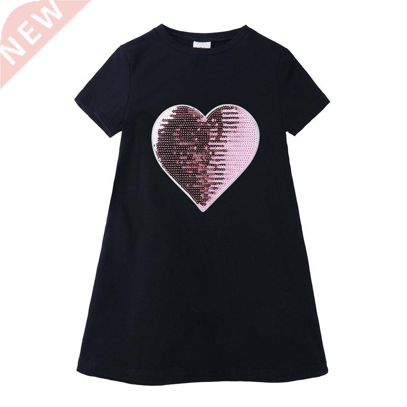 Sequin Love Children Girls Dress Cotton Short Sleeve Kids Dr