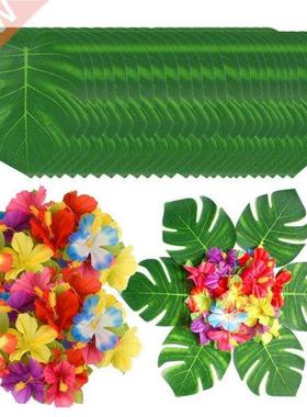 90Pcs Tropical Palm Leaves and Hibiscus Flowers, Artificial